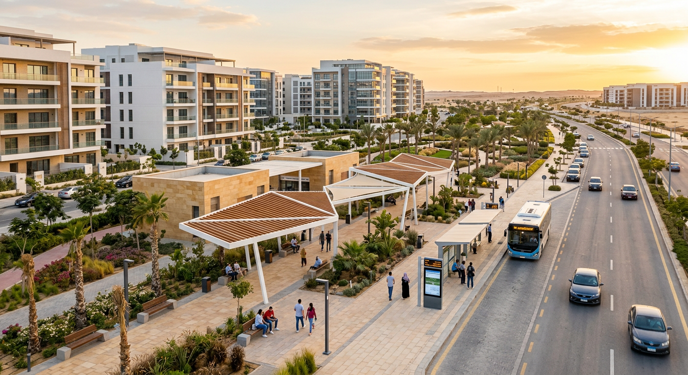 Sawaqi urban development project aerial view at golden hour